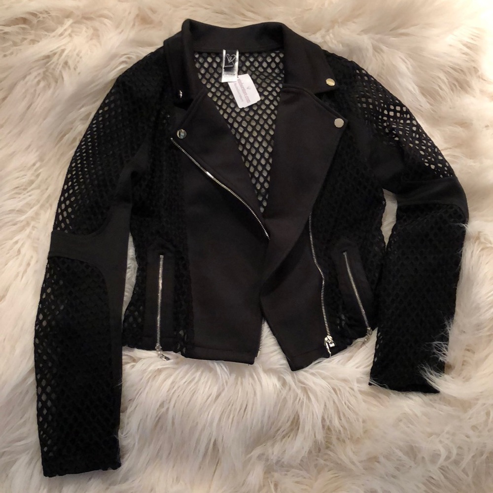 Black moto jacket with silver zipper detail